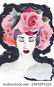 Watercolor portrait of woman with pink flowers on head, wreath from petals of roses and peonies, vector