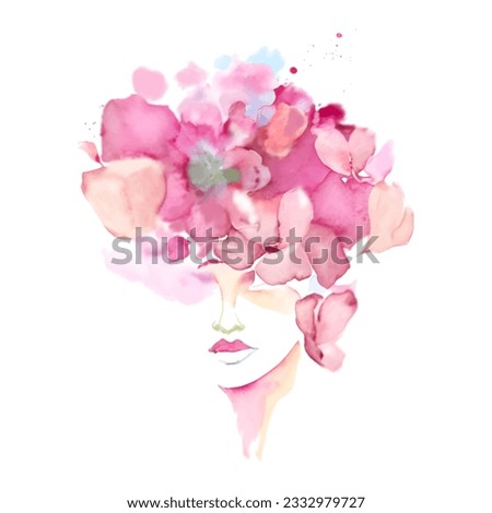 Watercolor portrait of woman with pink flowers on head, wreath from petals of roses and peonies, vector