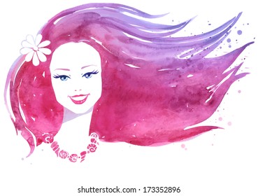 Watercolor portrait of young smiling woman. Vector illustration.