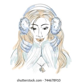 Watercolor portrait of young woman in scarf, mittens and headphones. Vector illustration