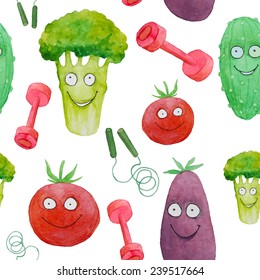 Watercolor positive vegetables pattern. Seamless hand drawn texture with cartoon broccoli, eggplant, tomato, cucumber with faces and fitness staff.