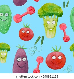 Watercolor positive vegetables pattern. Seamless hand drawn texture with cartoon broccoli, eggplant, tomato, cucumber with faces and fitness staff.