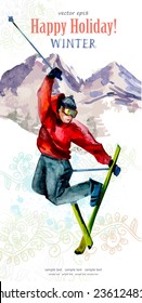 watercolor postcard with young man skier for your design