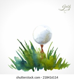 Watercolor poster with the inscription golf. A simple solution for your decor and design. Green grass with ball.