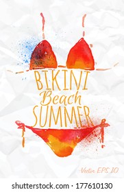 Watercolor Poster Lettering Bikini Beach Summer On A Background Of Crumpled Paper.