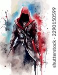 Watercolor poster of medieval assassin. Cool design of hooded thief character. Hand drawn video game artwork of man in costume sneaking in the shadow. Illustration of man wearing a cloak and sword.
