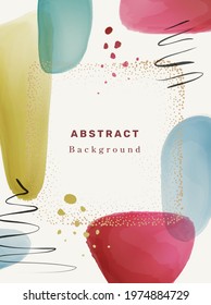 Watercolor poster transparent texture with brushes and gold dots frame, splashes and calligraphic strokes, abstract background. Vector painted shapes, liquid blots blotches, graphic decoration fluids