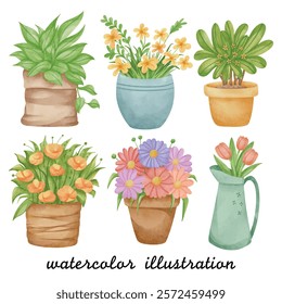 Watercolor Potted Plants and Flowers Illustration – Beautiful Hand-Drawn Art Featuring Decorative Flower Pots, Colorful Blossoms, and Lush Greenery for Nature and Gardening Lovers