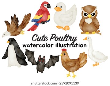 Watercolor Poultry and Bird Illustration Set - Hand-Painted, Cute, Realistic - Chicken, Duck, Goose, Owl, Eagle, Parrot, Penguin, Bat - Farm Animals, Wildlife, Vector Illustration