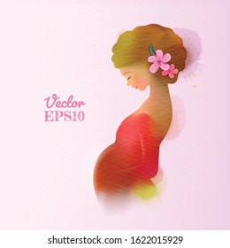 Watercolor of pregnant woman. Happy mother's day. Mother and baby health. Digital art painting. Vector illustration