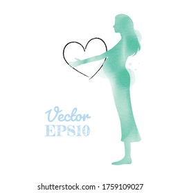 Watercolor of pregnant woman holding heart symbol isolated on white background.  Watercolor style. Vector illustration.