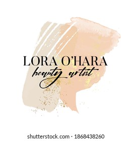 Watercolor premade logo design. Beige peach abstract shapes with gold foil and splashes. Minimalistic Digital template , tender elegant shapes in vector . 2022 design 