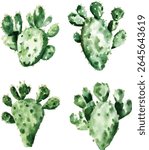Watercolor Prickly Pear Cactus Set vector illustration
