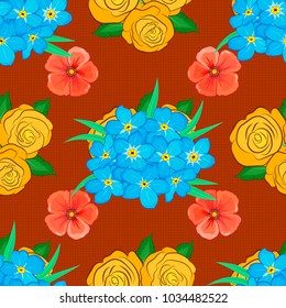 Watercolor primrose flowers seamless pattern in orange, blue and yellow colors. Vector romantic background for web pages, wedding invitations, textile, wallpaper.