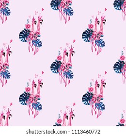 Watercolor princess birds pattern. Vector seamless background with pink flamingo. Colorful hand drawn seamless pattern.