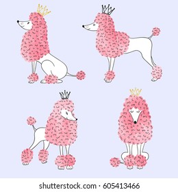 Watercolor princess poodles set. Vector illustration of cute dogs. 