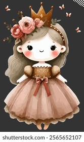 Watercolor princess vector illustration, pastel tones, crown, butterfly, flower, charming girl, drawing elegant whimsical cute fairytale magical, beauty, serene decorative gentle royal, fantasy isolat