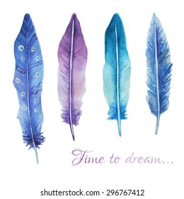 Watercolor print with feathers and romantic script can be used for t-shirts, card, postcard etc