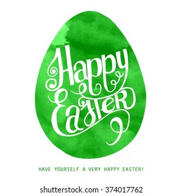 Watercolor print green egg with lettering Happy Easter. Vector illustration, eps10. Design for greeting cards