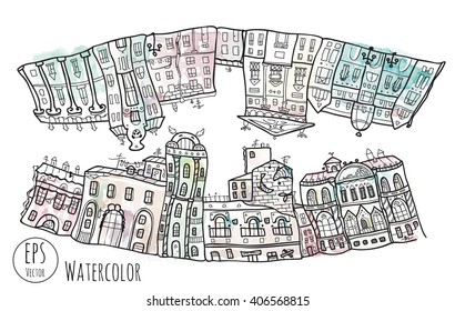 Watercolor print with town.