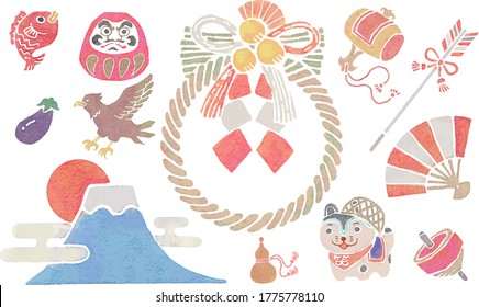 Watercolor prints style of a set of illustrations of good luck in Japan