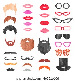 Watercolor props set. Vector collection of mustache, beards, haircuts, lips and sunglasses. Birthday party photo booth props. 