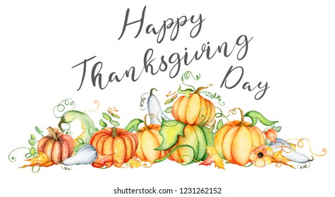 Watercolor pumpkin and autumn leaves card. Harvest composition. Happy Thanksgiving day. Hand drawn vector illustration  on the white background