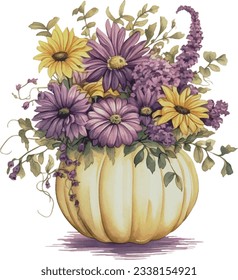 Watercolor Pumpkin Bouquet Flowers Pot Painting Illustration Clipart