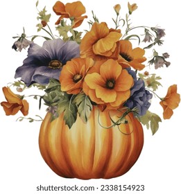 Watercolor Pumpkin Bouquet Flowers Pot Painting Illustration Clipart