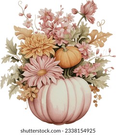 Calabaza de color de agua Bouquet Flores de pintura de puntos Clipart de ilustración