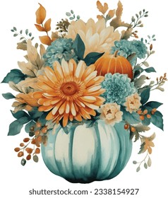 Watercolor Pumpkin Bouquet Flowers Pot Painting Illustration Clipart