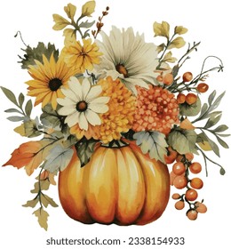 Watercolor Pumpkin Bouquet Flowers Pot Painting Illustration Clipart