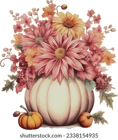 Watercolor Pumpkin Bouquet Flowers Pot Painting Illustration Clipart