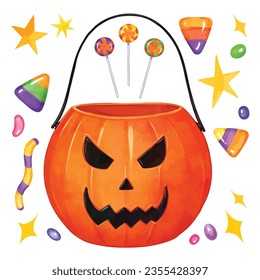 Watercolor pumpkin candy bucket isolated vector elements. trick or treat bucket illustration