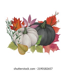 Watercolor pumpkin composition, leaves pumpkin, Halloween clip art, autumn design elements. Vector illustration. Perfect graphic for Thanksgiving day, Halloween, greeting cards, posters, and more. 