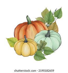 Watercolor pumpkin composition, leaves pumpkin, Halloween clip art, autumn design elements. Vector illustration. Perfect graphic for Thanksgiving day, Halloween, greeting cards, posters, and more. 