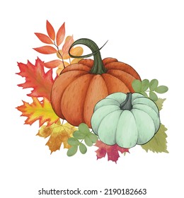 Watercolor pumpkin composition  leaves pumpkin  Halloween clip art  autumn design elements  Vector illustration  Perfect graphic for Thanksgiving day  Halloween  greeting cards  posters    more  