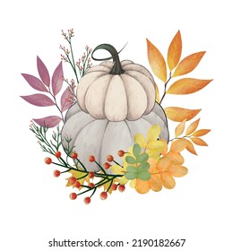 Watercolor pumpkin composition, leaves pumpkin, Halloween clip art, autumn design elements. Vector illustration. Perfect graphic for Thanksgiving day, Halloween, greeting cards, posters, and more. 