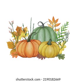 Watercolor pumpkin composition  leaves pumpkin  Halloween clip art  autumn design elements  Vector illustration  Perfect graphic for Thanksgiving day  Halloween  greeting cards  posters    more  