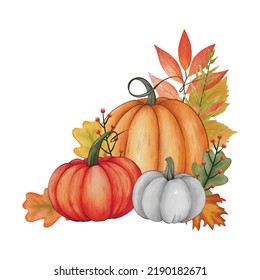 Watercolor pumpkin composition, leaves pumpkin, Halloween clip art, autumn design elements. Vector illustration. Perfect graphic for Thanksgiving day, Halloween, greeting cards, posters, and more. 