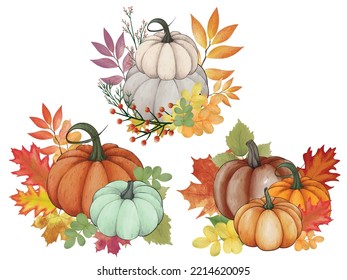 Watercolor pumpkin composition, leaves pumpkin,  Painted color clip art, autumn design elements. Fall season. Perfect graphic for Thanksgiving day, Halloween, greeting cards, posters, birthday