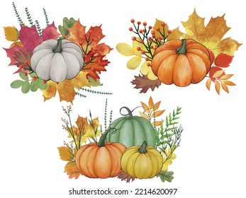 Watercolor pumpkin composition, leaves pumpkin,  Painted color clip art, autumn design elements. Fall season. Perfect graphic for Thanksgiving day, Halloween, greeting cards, posters, birthday