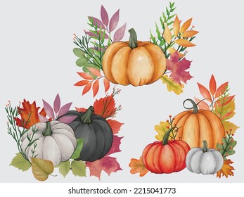 Watercolor pumpkin composition, leaves pumpkin,  Painted color clip art, autumn design elements. Fall season. Perfect graphic for Thanksgiving day, Halloween, greeting cards, posters, birthday