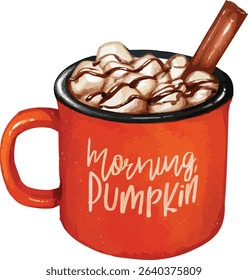 Watercolor pumpkin spice latte with marshmallows and cinnamon stick Drink. Cozy Fall Beverage Mug Illustration. Cozy season visuals, cafe branding, and fall recipes.