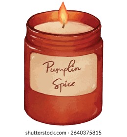 Watercolor Pumpkin Spice Scented Candle. Autumn candle in a Jar Illustration. Warm seasonal decor, fall product packaging, lifestyle content, and Thanksgiving-themed designs 