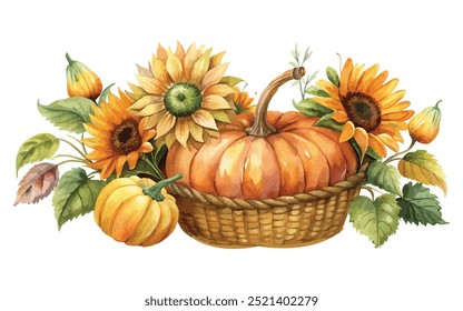 watercolor Pumpkin with sunflowers in basket. Thanksgiving or Harvest Day card design vector illustration