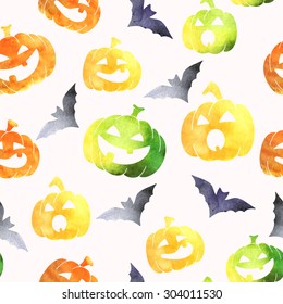 Watercolor pumpkins and bats seamless background pattern