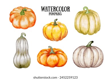 Calabazas de acuarela colorido conjunto. Colección de Elementos de otoño recortado de fondo para el diseño