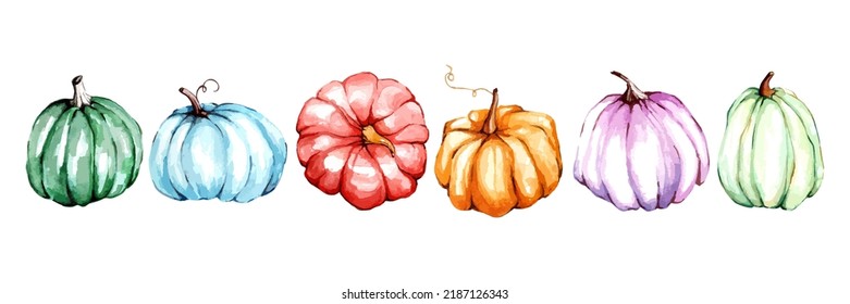 Watercolor Pumpkins Colorful Set. Fall Vector Handmade Illustration In Watercolor Painting Style Art. Background For Thanksgiving Day Or Harvest Festival. Autumn And Halloween Pumpkin 