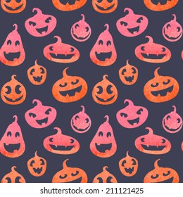 Watercolor pumpkins. Jack-o'-lanterns with happy faces. Vector seamless pattern.